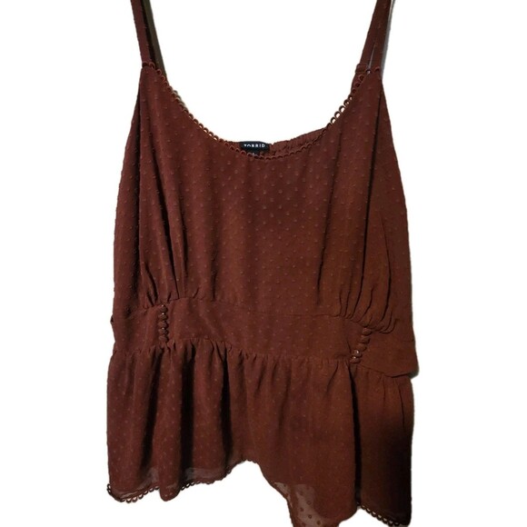 TORRID WOMEN'S SIZE 4 - BROWN RUST SPAGHETTI STRAP PEPLUM POLKA DOT TANK TOP - Picture 1 of 5